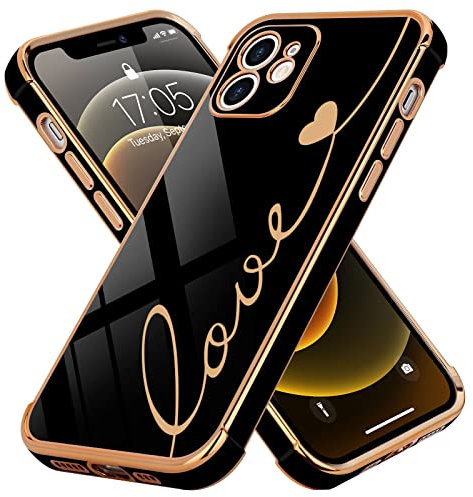 LCHULLE Compatible with iPhone 12 Case for Women Girls,Cute Luxury Plating Love Heart Design Soft TPU Cover Shockproof Full Camera Lens Protection Phone Case for iPhone 12 6.1 inch,Black