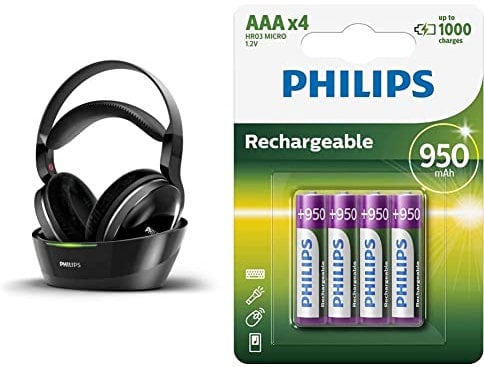 Philips SHD8850/12 Over-Ear Funkkopfhörer (offen, 30m Reichweite) schwarz & Philips R03B4A95/10 Rechargeable Akku AAA (950mAh, 1,2V, 4-er Blister)