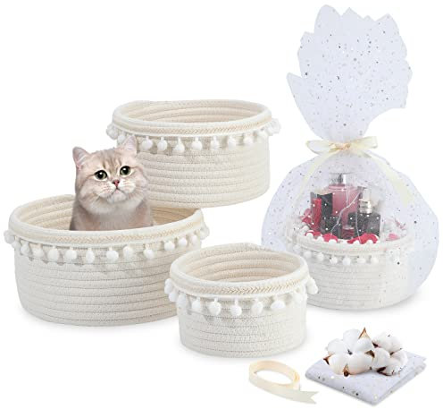 LA BONHEUR Lot de 4 Paniers de Rangement en Corde de Coton Tressée Accessoires de Table à langer Ppaniers de Rangement Pour Salle de Bain Organisateur Tressé (Emballage Cadeau Star Gaze + ruban)