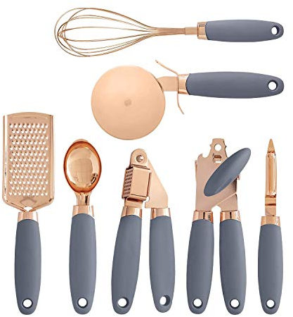 Fubdnefvo Juego de utensilios de cocina de 7 piezas, utensilios de acero inoxidable recubiertos de cobre con asas grises de contacto suave