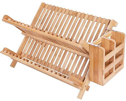 Escurridor de platos de bambú con soporte para utensilios, escurridor de platos de madera plegable de 2 niveles, organizador de platos para encimera de cocina, escurridor de platos de madera, para enc