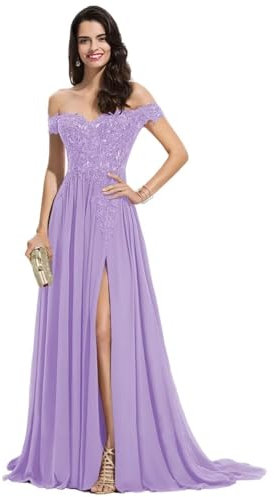 Sincemeet Damen Spitzen Ballkleid Lang Schulterfrei Abendkleid V-Ausschnitt Chiffon formelle Ballkleid mit Schlitz