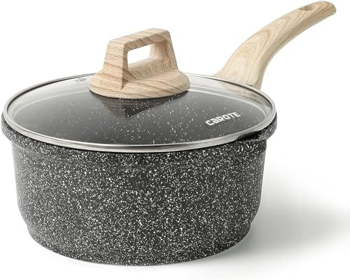 CAROTE Kochtopf 18 cm, Stieltopf mit Deckel, kleiner Antihaft-Kochtopf mit kühlem Griff, Stielkasserolle mit Ausgießer, PFOA-frei, Schwarz