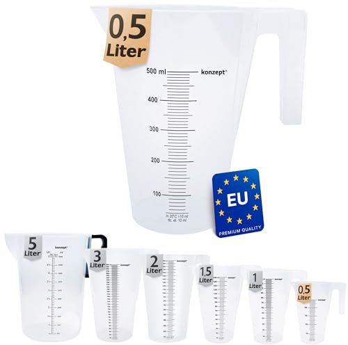 KONZEPT Verres doseurs 0,5 Litres, Plusieurs tailles disponibles, Parfait pour la cuisine, le jardin, l'atelier, Transparent, Plastique résistant, Mesure empilable