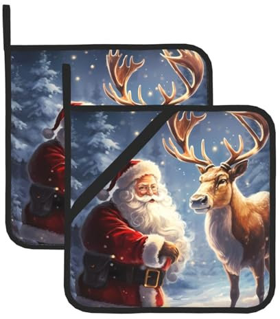 Quadratisches Topflappen-Set mit Weihnachtsmann und Hirsch, Elch, hitzebeständig, wasserdicht und langlebig, 2 Stück