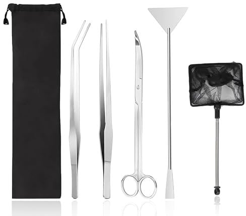 RYAN 4 Stück Aquarium Zubehoer Edelstahl Aquarium Schere Pinzette Lang Bonsai Werkzeug Bringen Sie 1 kescher Aquarium und 1 Stoffbeutel für Wasserpflanzen Trimmen Aquascaping Reinigungs