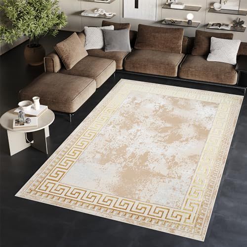 TAPISO Ares Teppich Kurzflor Glänzend Beige Marmoreffekt 160 x 220 cm | Bordüre Barock Klassisch 3D Effekt Wohnzimmer Schlafzimmer OEKO-TEX