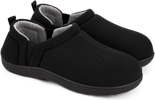LongBay Men's Waffle Slippers Memory Foam Elastic Gores Breathable House Shoes with Non-Slip Indoor Outdoor Rubber Sole Black, 10-11