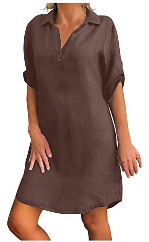 Sommerkleid Damen Leinen Kleider Casual V-Ausschnitt Midikleid Kurzarm A-Linie Kleid Strandkleid Große Größen Loose Kleid Baumwolle Leinen Kleider Einfarbig Freizeitkleider Boho Kleid S-5XL