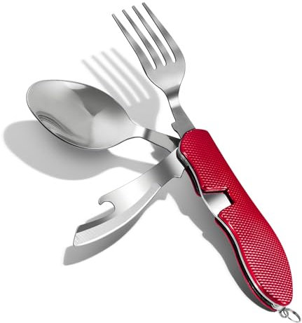 ZIMAIC Couverts de camping pliants en acier inoxydable 4 en 1 - Ouvre-bouteille - Couteau, fourchette, cuillère - Rouge