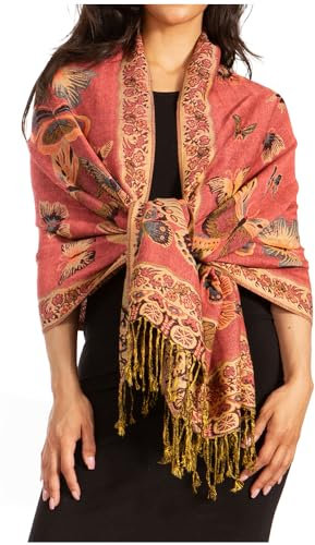Sakkas 16126 - Liua Langer, breiter, gewebter, gemusterter, mehrfarbiger Pashmina-Schal/Schal – Koralle – OS