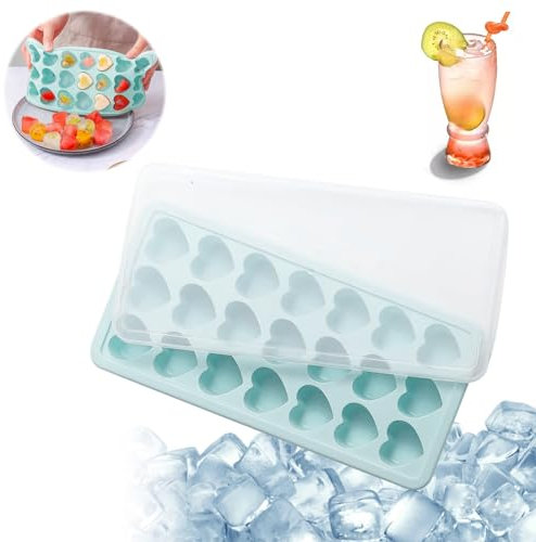 Ice Cube Tray Hearts 21-Cavity, Ice Cube Tray Silicone Hearts, Heart Ice Cube Tray, Heart Ice Cube Tray with Lid, Ice Cube Tray Heart Shape Silicone, for Chocolate, Beer and Whisky (Blue)