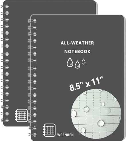 WRENBEN Spiralnotizbücher aus Steinpapier, wasserfest, 21,6 x 27,9 cm, wetterfest, 200 Seiten/100 Blatt und wetterfester PVC-Einband, wetterfestes Papier, A4, Grau, 2 Stück