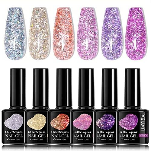 Glitter Gel Nail Polish Set,6 Colours Sparkly Shiny Diamond Flash UV Gel Nail Kit,Sliver Gold Purple Pink gel polish Set-Holographic French Manicure Gel Polish Set for DIY Nail Art Varnish,7.3ml * 6