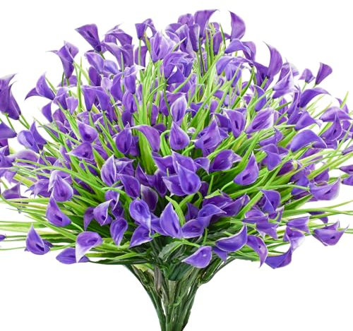 Bacucine Lot de 24 fleurs artificielles de lys calla artificielles pour extérieur, fleurs en plastique résistantes aux UV pour porche, jardin, fenêtre, boîte, décoration de table (violet)