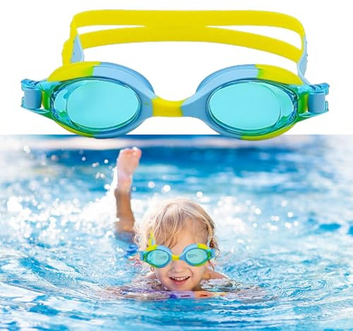 Gafas de natación para niños, antivaho, antivaho, protección UV, resistentes al agua, visión clara, fáciles para hombres, mujeres, niñas, niños, regalos (azul lago amarillo)