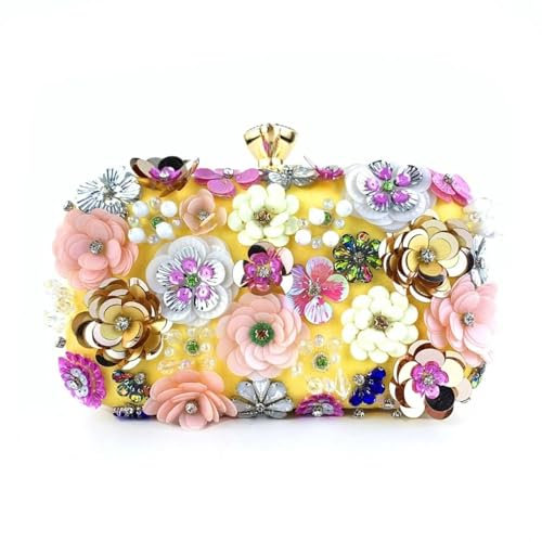 YUEZHAN Abendtasche Damen Clutch Perlen Blumen Abend Clutch Frauen Mode Bankett Handtasche Elegante Party Ball Schulter Tasche Damen Metall Kette Cross Body Geldbörse Gelb