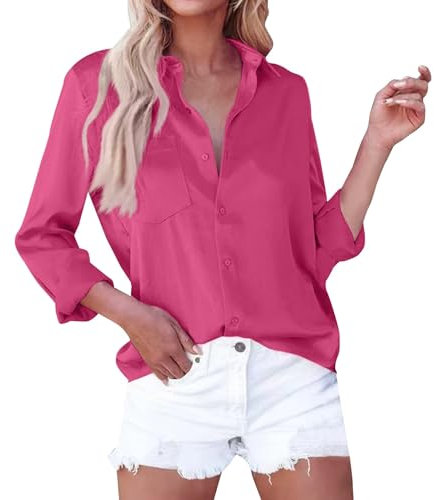 Chemise Blanche Femme, Chemisier Femme à Manches Longues en Satin Décontractée avec Col en V Pull Sexy Tee Shirt Top,Rose Vif,XXL,F93S