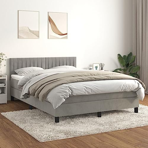 KOIECETA Boxspringbett mit Matratze Polsterbett Bett Hotelbett Einzelbett Bettrahmen Bettgestell Lattenrost Schlafzimmerbett Hellgrau 140x200 cm Samt