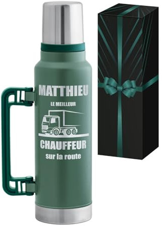 Thermos Café Vert Personnalisable - Bouteille Isotherme 1400ml en Acier Inoxydable avec Gravure - avec Fermeture Hermétique - Cadeau Personnalisé - Cadeau Collègue de Travail - Maverton