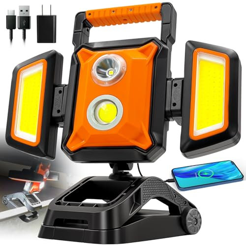 SYLSTAR Projecteur LED Rechargeable 30W, 3000LM Projecteur de Chantier avec Batterie, 5 Modes Lampe Chantier Sans Fil et Powerbank Fonction, Étanche et Rotative pour Garage, Atelier (4000LM, 40W)