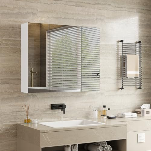 mojiasion Armoire Murale Salle de Bain avec Miroir 60x70x16cm (H × L × P) - 3 Portes, 3 Étagères Réglables, Grand Rangement Antihumidité, Blanc (Design Moderne)
