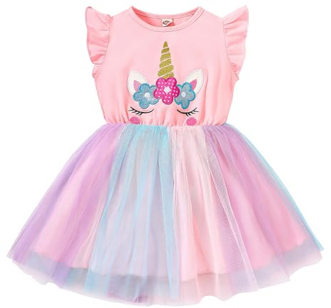 JiAmy Robes pour filles à volants et manches courtes imprimé licorne en coton avec tutu en tulle pour fête d'anniversaire pour enfants de 3 à 8 ans