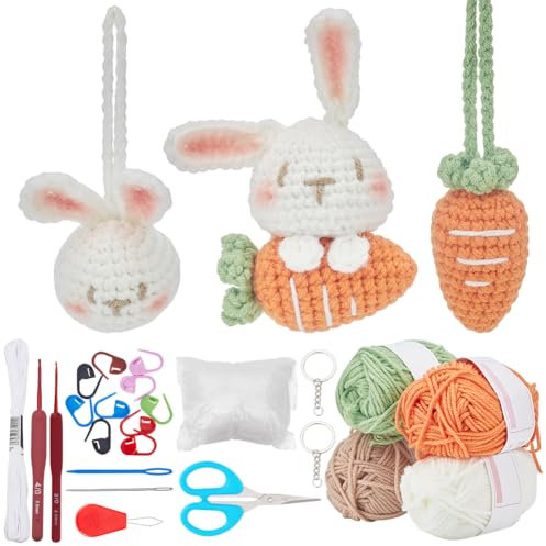 INFUNLY DIY Osterhasen Häkelset Mit Schlüsselanhänger Für Anfänger Kaninchen Häkelset Stofftier Karotte DIY Stricksets Haken Garn Set Mit Schritt Für Schritt Videoanleitungen Für Bastelbedarf Haken Ge