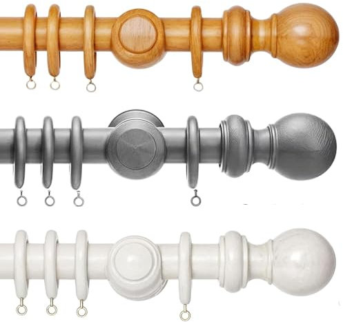 BudgetBuy Wooden Curtain Pole - Curtain Rail Pole for Eyelet Curtains - 28mm Natural Wood Fixed Length Curtain Pole with Finials Balls Rings Ideal for Any Room (Grey, 120 cm)