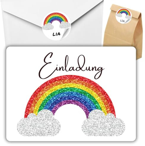 celebr8te 12x Einladungskarten mit Regenbogen Glitzer Motiv - Für den Kindergeburtstag von Mädchen - Bunte Geburtstagseinladungen +12 Umschläge +24 Sticker +12 Geschenktüten