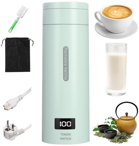 380ML Kleiner Tragbarer Wasserkocher, 3 in 1 Mini Elektrische Wassertasse mit Temperatureinstellung, Automatische Abschaltung, Bürsten und Taschen, Reise Wasserkocher für Kaffee Teezubereitung