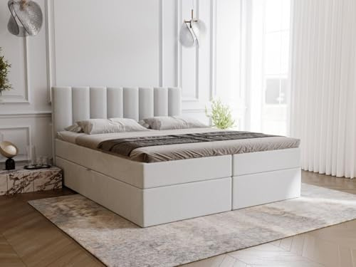GRAINGOLD Mocca Bett 140x200, Boxspringbett mit Bettkasten, Polsterbett mit Bonell-Matratze, Samt Stoff, mit Topper, mit Kopfteil (Grau, 140x200)