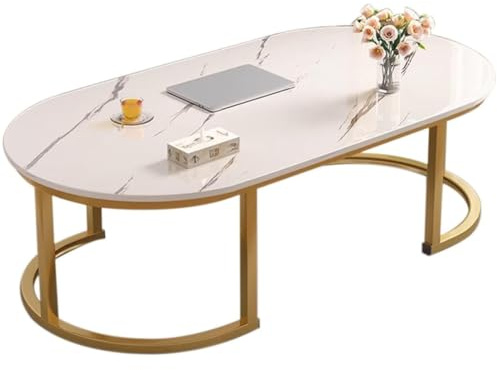 RUYICZB Kleiner Ovaler Couchtisch Mit Marmorplatte, Mitteltisch Für Wohnzimmer Mit Marmorplatte, Couchtische Metallrahmen Für Wohnzimmer, Bekleidungsgeschäft, Balkon,Weiß,100 * 50cm