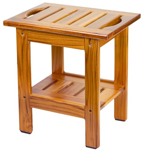 Utoplike Panca doccia in teak, sgabello compatto da doccia con mensola e maniglia, sedile piccolo in legno a 2 ripiani con piedini antiscivolo per bagno, vasca da bagno o uso esterno