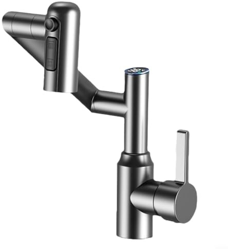TDCuizent Digital Display Bathroom Basin Tap with LED Temperature Indicator 360° Swivel Brass Mixer Faucet Multifunctional Stream Sprayer for Adjustable Water Flow Horizontal Swing Arms(grey)