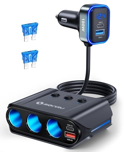 SONRU 7 en 1 Cargador Coche, 180 W [Doble PD & Carga Rápida 3.0] 12V/24V USB Cargador Mechero Coche, Compatible con Vehículos Recreativos, Dispositivos iPhone 17 Pro MAX, 16, 15, Samsung S25, GPS