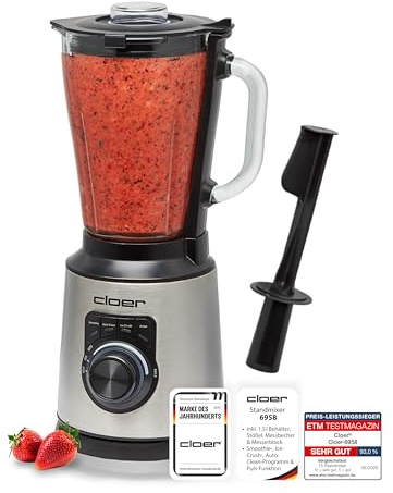 Cloer 6958 Standmixer mit 1,5 l Glasbehälter und 6-flügligem Messer, Mixer mit Smoothie-, Ice-Crush-, Auto-Clean-Programmen & Puls-Funktion, stufenlos einstellbare Geschwindigkeit, 1200 W