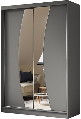 BEAUTY SOFA Vox - Schrank mit Spiegel - Kleiderschrank mit Schiebetüren - Garderobenschrank, Mehrzweckschrank, Flurschrank - 150cm breit - Graphit