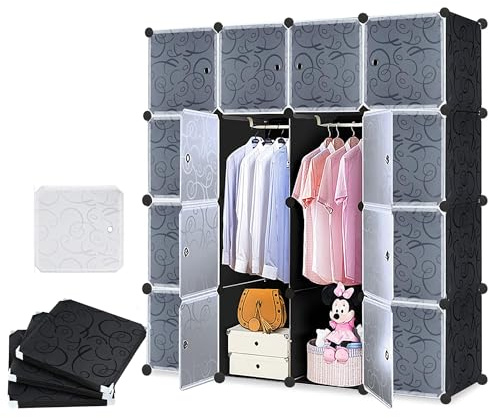 TATIVALO DIY Regalsystem Kleiderschrank mit Türen Steckregal Garderobenschrank aus Kunststoff PP Modular Aufbewahrung für Kleidung, Schuhe, Bücher, mit 16 Würfeln