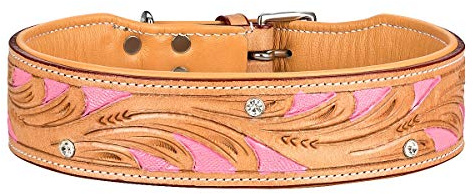 MICHUR Pinklady Hundehalsband Leder, Beige, Pink | Lederhalsband Hund, Caramel, Braun, Halsband beige, mit Stanzungen, Mit Strasssteinen, in verschiedenen Größen erhältlich