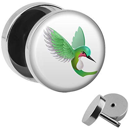 Treuheld Ohrstecker Fake Plug KOLIBRI - Ø 10mm Bild Ohr-Stecker mit Motiv zum Schrauben - Chirurgenstahl Ohr Faketunnel Silber - Tunnel Ohrringe Ohrring Stahl Fakeplug