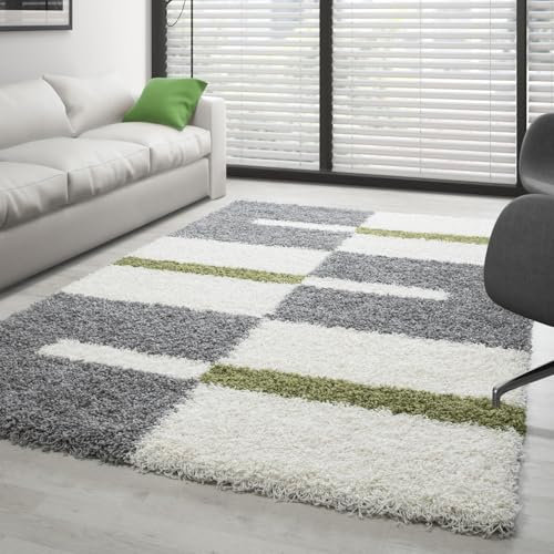 Carpettex Hochflor Teppich Wohnzimmer Shaggy Flokati Teppich Modern Kariert Design 280 x 370 cm Grün - Teppich Schlafzimmer Weich Flauschig Waschbar Teppich Küche Esszimmer - Langflor Teppiche