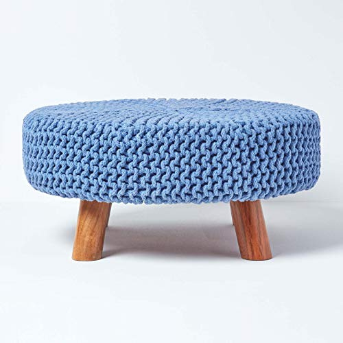 HOMESCAPES Blue Knitted Pouffe Footstool Occasional Seat 100% Cotton for Living Room Children or the Elderly