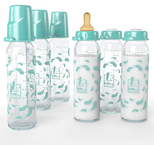 6er Pack Sparset Lelekka® Standard Glasflasche mit Rund Sauger aus Latex, Größe M, Milch, ab Geburt, 240 ml, Naturlatex