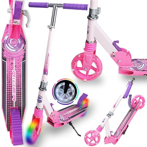 WeLLIFE Scooter für Kinder aus Aluminium| 140 mm große LED-Räder | Rosa Roller aus Aluminium | Höhenverstellbar für Kinder