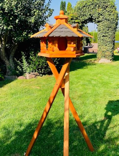 DARLUX handgefertigtes Sechseck Vogelhaus aus Holz wetterfest M - XXL mit und ohne Ständer I Futterhaus I Futterhäuschen I wetterfest I Bitumdach (Größe L mit Ständer, Schwarz - Braun)