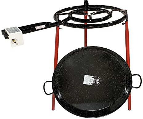FERRETERIA LEPANTO Kit Paellero 40 cm Gas butano, paellera esmaltada de 55 cm, regulador de Gas + 1,5 metros de Manguera, soporte de 3 Patas reforzadas (55)