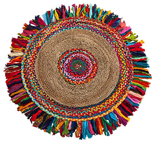 Nearly Natural Handgefertigter Chindi-Jute-Teppich mit bunten Fransen, 91 x 91 cm