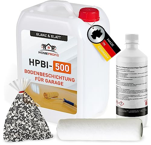 Home Profis® glänzender Garagenboden Flüssigkunststoff inkl. Chips & Walze (10m²) | Über 30 Farben | Bodenfarbe Innen | 2K Epoxidharz Bodenbeschichtung | RAL 9016 Verkehrsweiß | HPBI-500