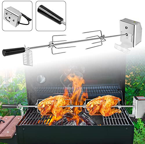 AufuN Edelstahl Drehspieß, Hochwertiger Grillspieß Set mit Moto 220V - 240V, inkl. 4X Fleischgabeln, Rotisserie aus Edelstahl, Drehspieß, Rotisserie, Drehspiess, Silber